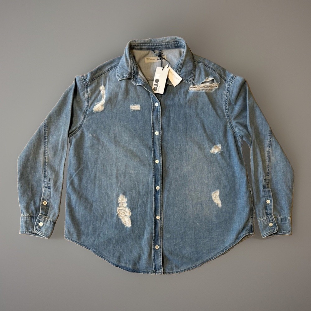 NWT Topshop MOTO Maternity Denim‎ Shirt Distressed Button Up Women's US 10